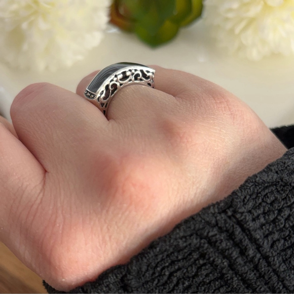 Vintage Sterling Silver 925 Ring Size 6 1/2 6.5 Black Onyx Inlay and Marcasite - Picture 7 of 12